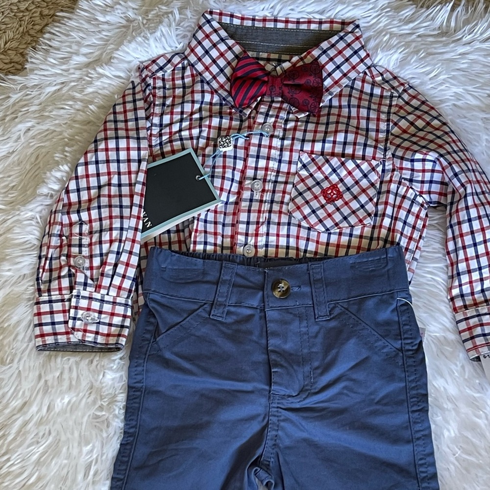 NWT Andy & Evan Plaid Set with Bowtie Size 6-12 Months